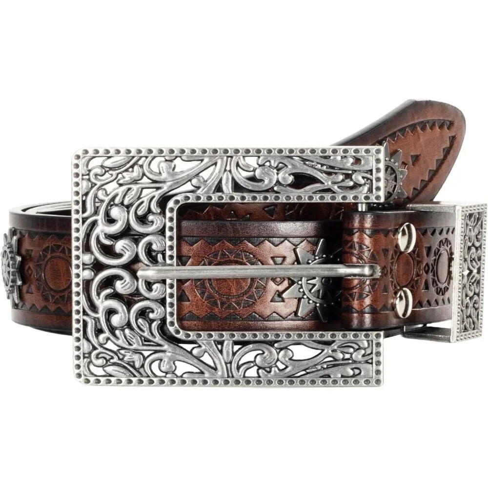 Women's Hollow Adjustable Vintage Western Belts Engraved Buckle Cowgirl Belt